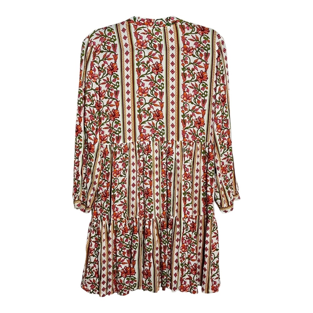 Japna Womens Floral Geometric Tiered Mini Dress Orange Pink Boho Tassel Small - Picture 2 of 7